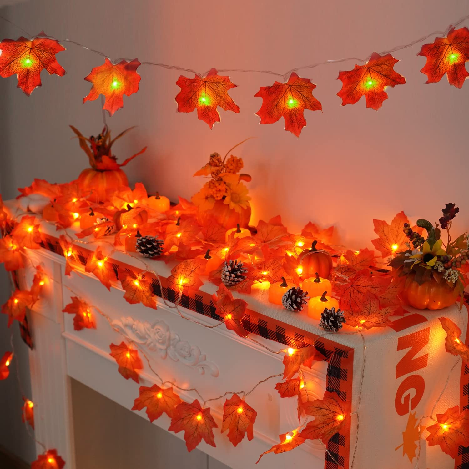 Coolmade Fall Maple Leaves String Lights, 14ft Maple Garland 30 LED Lighted Fall Garland for Halloween Thanksgiving Christmas Decor (Orange)